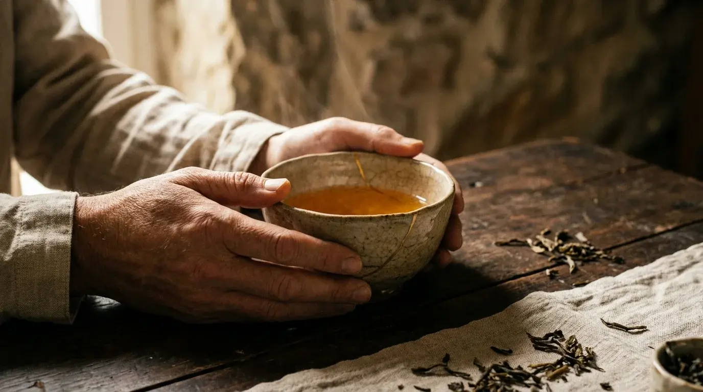 Hands holding a warm ceramic tea bowl
